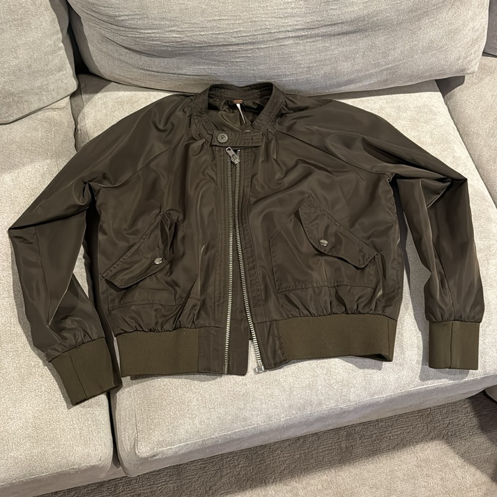 Free People Olive Green Midnight Moss Satin Full Zip Bomber Jacket